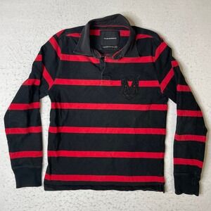 Club Monaco Mens Rugby Shirt Medium Black Red Striped Long Sleeve Polo 02500446